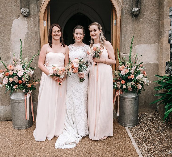 Bridal Party | Bridesmaids in Peach ASOS Dresses | Bride in Lace Wedding Dress | Peach Wedding at Swanton Morley House and Gardens in Norfolk |  Jason Mark Harris Photography | Together we Roam Films