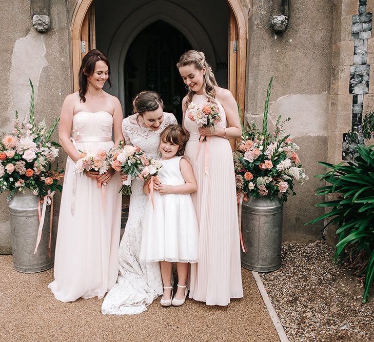 Bridal Party | Bridesmaids in Peach ASOS Dresses | Bride in Lace Wedding Dress | Peach Wedding at Swanton Morley House and Gardens in Norfolk |  Jason Mark Harris Photography | Together we Roam Films