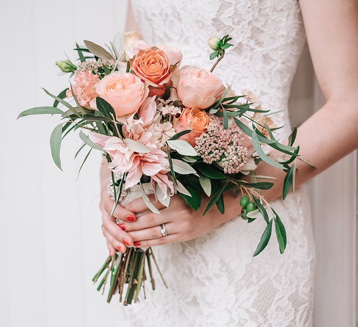 Romantic Peach Bridal Bouquet with Dahlias &amp; Roses | Peach Wedding at Swanton Morley House and Gardens in Norfolk |  Jason Mark Harris Photography | Together we Roam Films