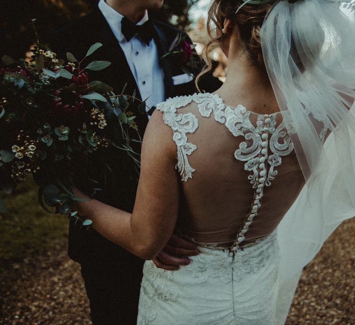 The Eleni Wed2B Lace Wedding Dress with Illusion Lace Back and Button Detail