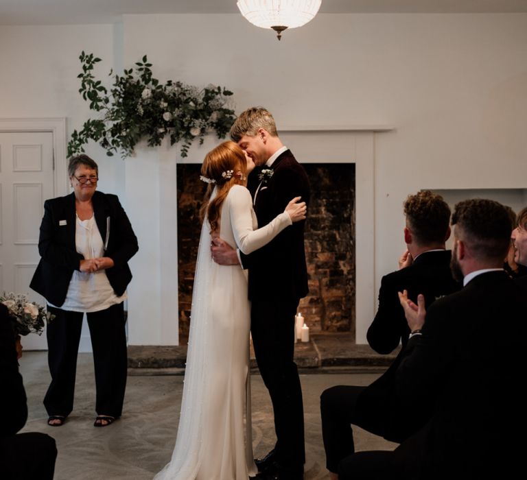 Black tie wedding at Aswarby Rectory with bride in Alexandra Grecco wedding dress