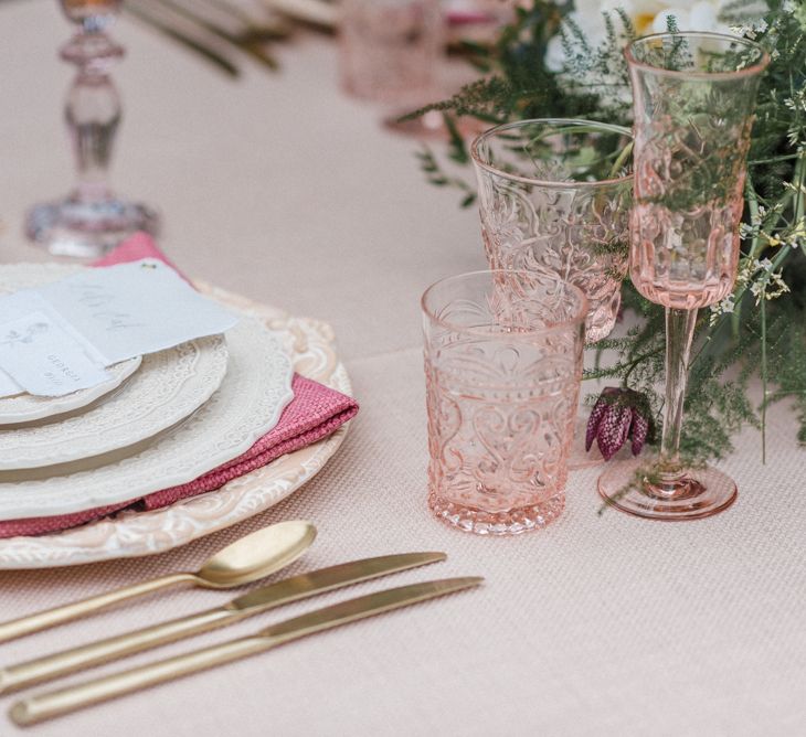 Duchess and Butler Table Place Setting with Gold Cutlery, Ornate Table  and Glassware