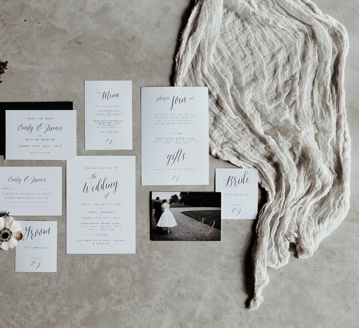 Monochrome Wedding Stationery Suite Including Invitation with Calligraphy Font