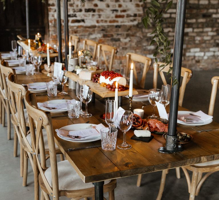 Rustic Tablescape with Edison Bulb Installation and Grazing Table