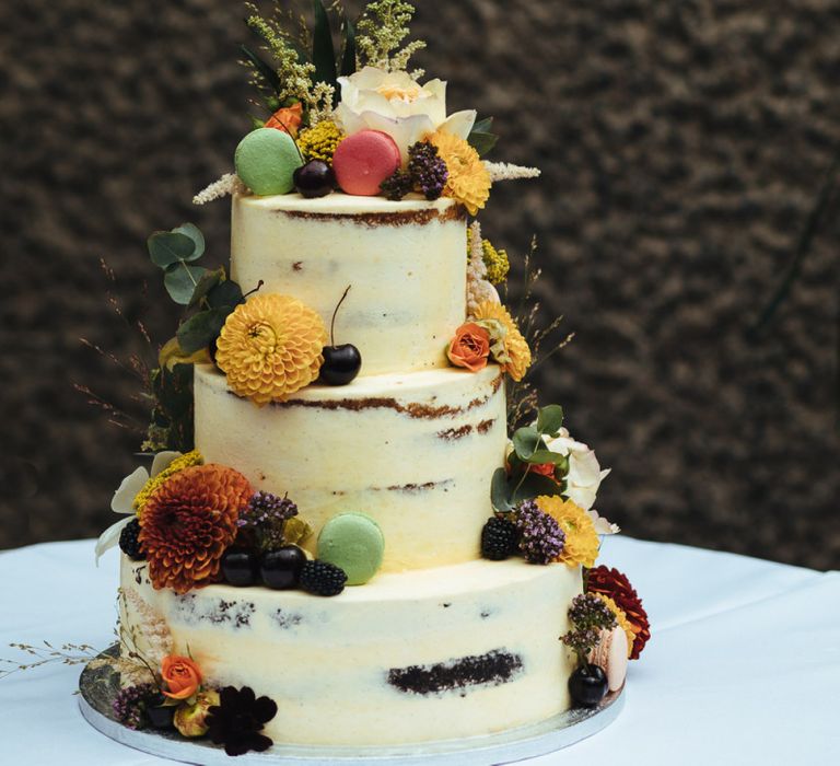 Semi Naked Wedding Cake with Dahlia and Macaroon Wedding Decor