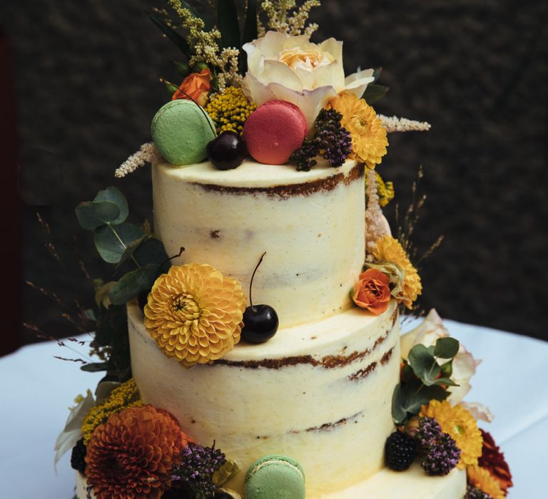 Autumnal Semi Naked Wedding Cake with Dahlia's and Macaroons Decor