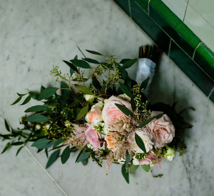 Wedding Bouquet with Pink Roses and Green Foliage