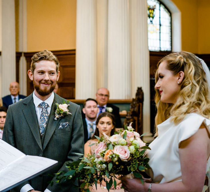 Stockport Town Hall Wedding Ceremony  with Bride in Vintage Wedding Dress and Groom in Tailored Suit