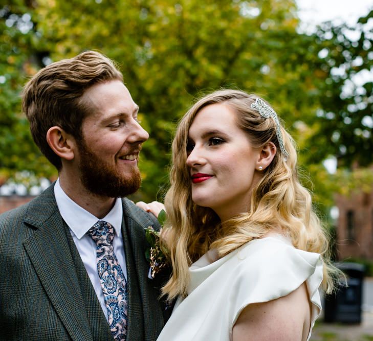 Groom Looking at his beautiful Vintage Bride with Finger Waves and Red Lipstick