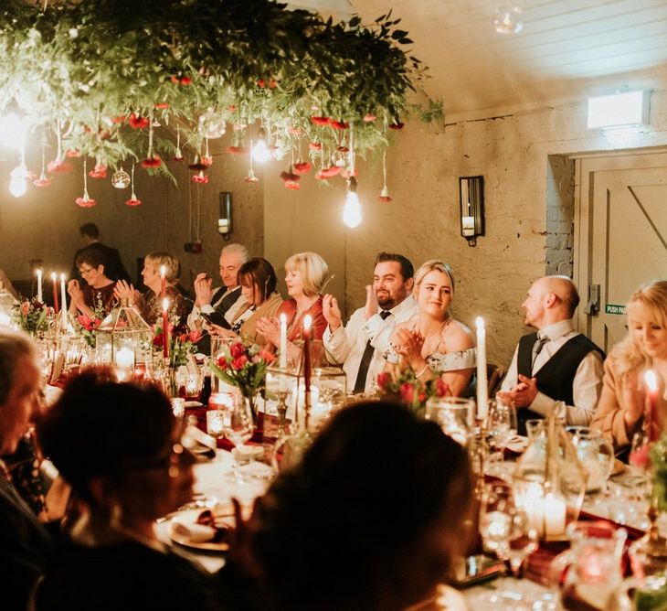 Guests enjoy fine dining at Christmas wedding