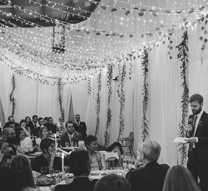 Wedding Reception Speeches with Fairy Light Wedding Decor