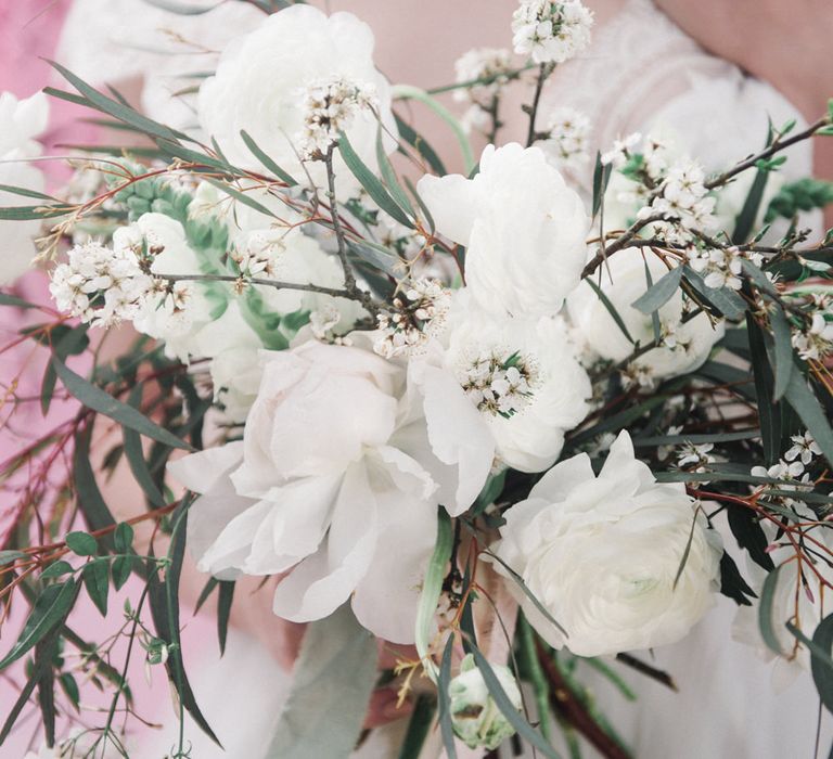 White Wedding Bouquet by Loulabel | Romantic Runaway Bride Wedding Inspiration at Chapel Porth beach in Cornwall, Styled by Boelle Events | Olivia Bossert Photography