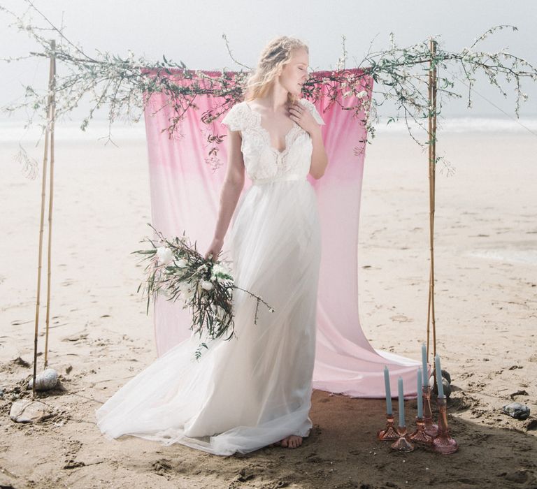 Bride in This Modern Love Bridal Lace Wedding Dress | Romantic Runaway Bride Wedding Inspiration at Chapel Porth beach in Cornwall, Styled by Boelle Events | Olivia Bossert Photography