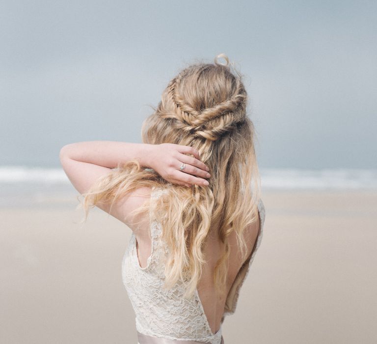 Bridal Braid by Makeup by Ione | Romantic Runaway Bride Wedding Inspiration at Chapel Porth beach in Cornwall, Styled by Boelle Events | Olivia Bossert Photography