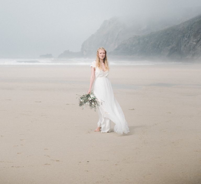 Bride in This Modern Love Bridal Lace Wedding Dress | Romantic Runaway Bride Wedding Inspiration at Chapel Porth beach in Cornwall, Styled by Boelle Events | Olivia Bossert Photography