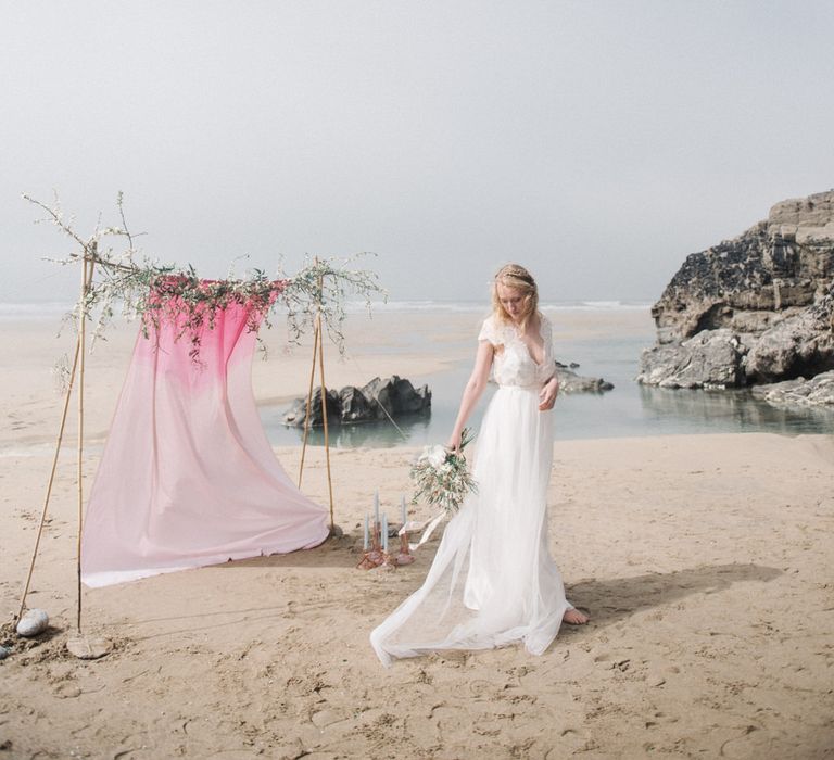 Bride in This Modern Love Bridal Lace Wedding Dress | Romantic Runaway Bride Wedding Inspiration at Chapel Porth beach in Cornwall, Styled by Boelle Events | Olivia Bossert Photography