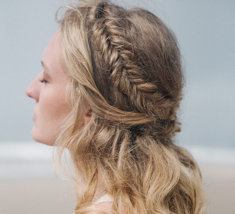 Bridal Braid by Makeup by Ione | Romantic Runaway Bride Wedding Inspiration at Chapel Porth beach in Cornwall, Styled by Boelle Events | Olivia Bossert Photography