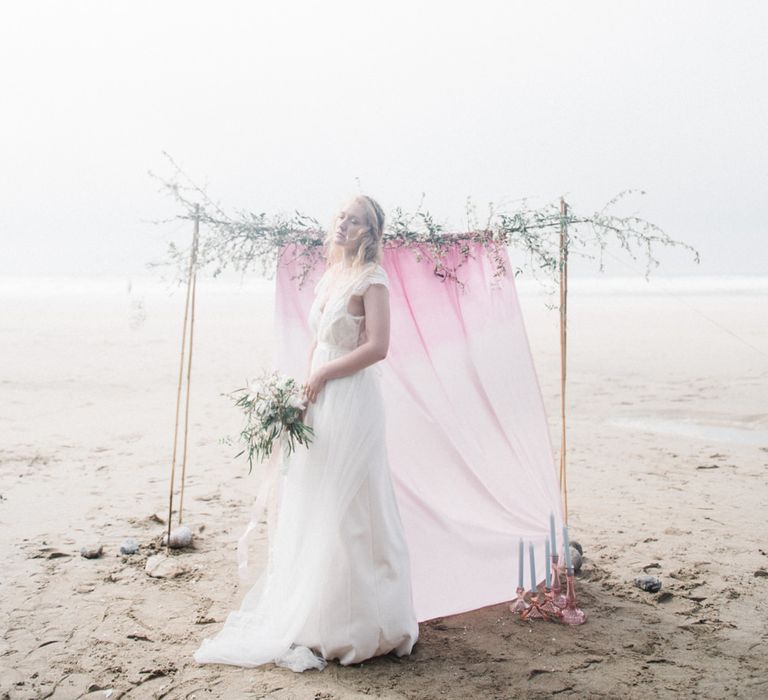 Bride in This Modern Love Bridal Lace Wedding Dress | Romantic Runaway Bride Wedding Inspiration at Chapel Porth beach in Cornwall, Styled by Boelle Events | Olivia Bossert Photography