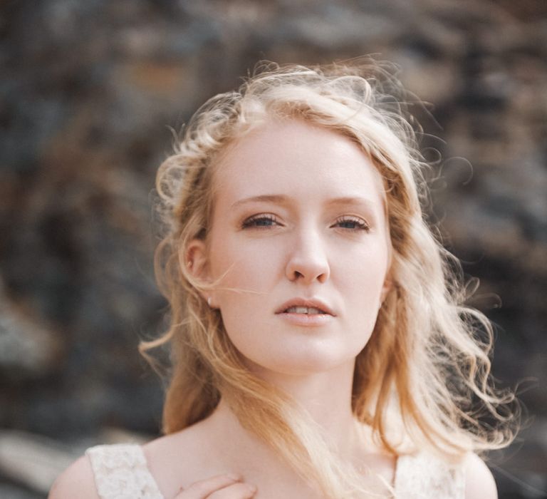 Hair &amp; Makeup by Makeup by Ione | Romantic Runaway Bride Wedding Inspiration at Chapel Porth beach in Cornwall, Styled by Boelle Events | Olivia Bossert Photography