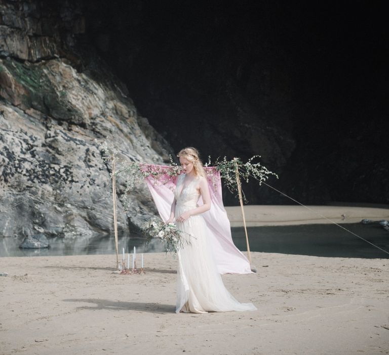 Bride in This Modern Love Bridal Lace Wedding Dress | Romantic Runaway Bride Wedding Inspiration at Chapel Porth beach in Cornwall, Styled by Boelle Events | Olivia Bossert Photography