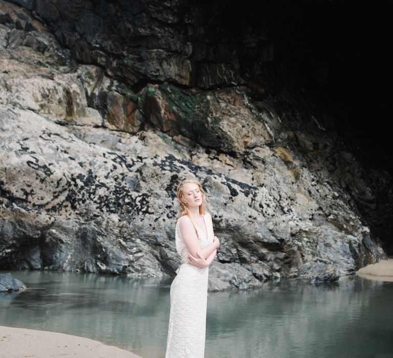 Bride in This Modern Love Bridal Lace Wedding Dress | Romantic Runaway Bride Wedding Inspiration at Chapel Porth beach in Cornwall, Styled by Boelle Events | Olivia Bossert Photography