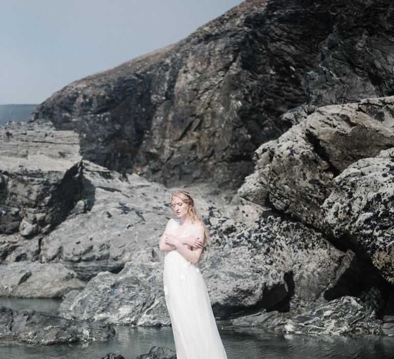 Bride in This Modern Love Bridal Lace Wedding Dress | Romantic Runaway Bride Wedding Inspiration at Chapel Porth beach in Cornwall, Styled by Boelle Events | Olivia Bossert Photography