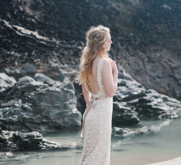 Bride in This Modern Love Bridal Lace Wedding Dress | Romantic Runaway Bride Wedding Inspiration at Chapel Porth beach in Cornwall, Styled by Boelle Events | Olivia Bossert Photography