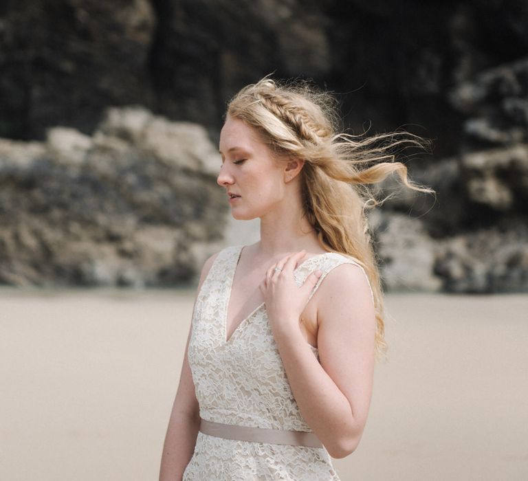 Bride in This Modern Love Bridal Lace Wedding Dress | Romantic Runaway Bride Wedding Inspiration at Chapel Porth beach in Cornwall, Styled by Boelle Events | Olivia Bossert Photography