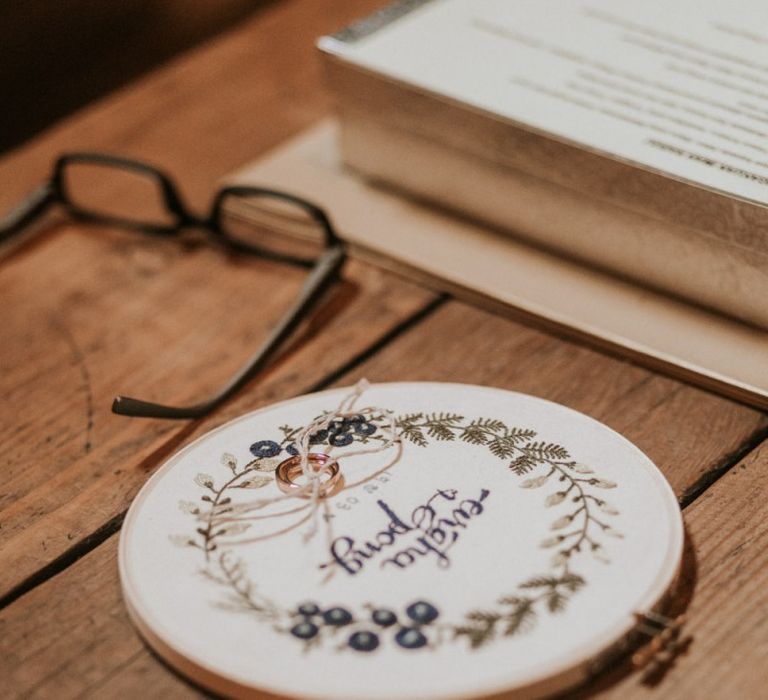 Embroidered hoop wedding ring cushion