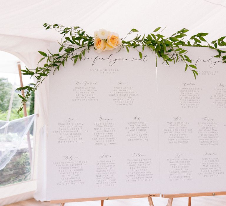 Wedding seating plan with flower and foliage decor