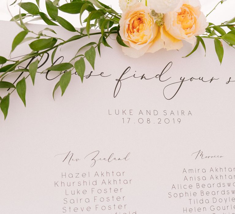 Wedding seating plan with flower and foliage decor