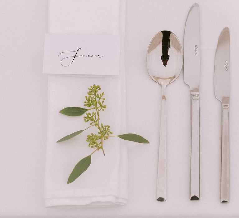 Foliage wedding table decor and place setting names