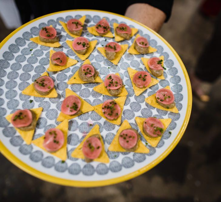 Canapés at casual and industrial wedding ceremony