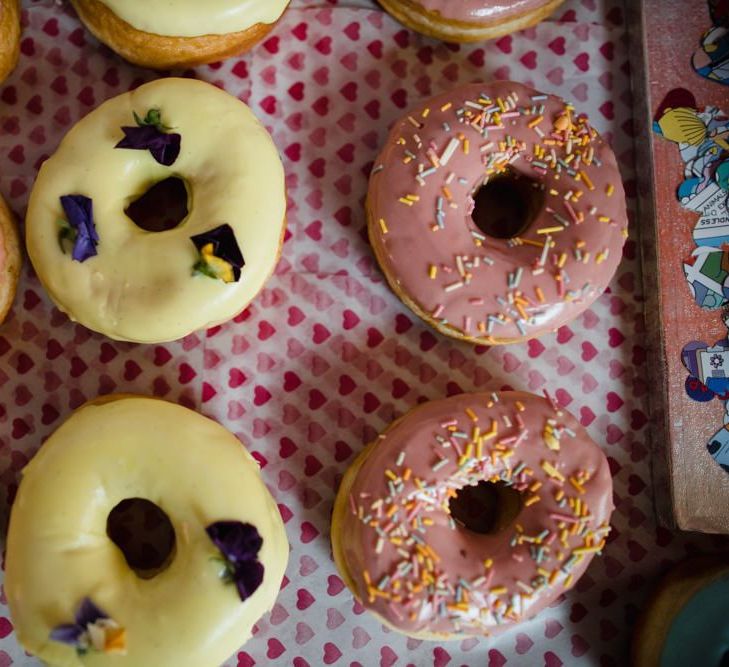 The Simpsons themed doughnuts at casual wedding reception in London