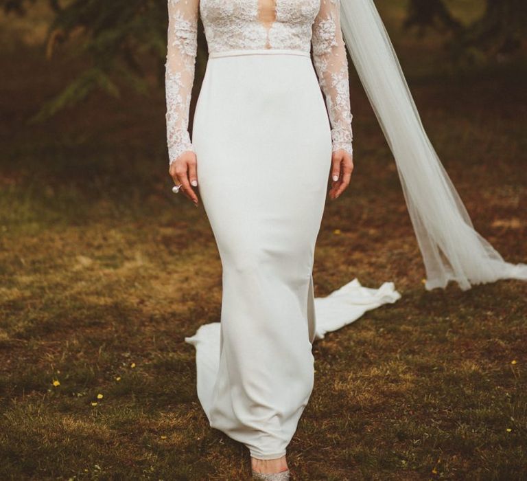 beautiful bride in Anna Georgina wedding dress with lace long sleeves