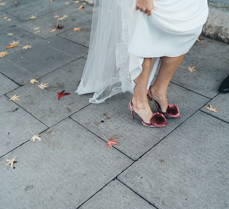 Velvet slingback Pom Pom wedding shoes