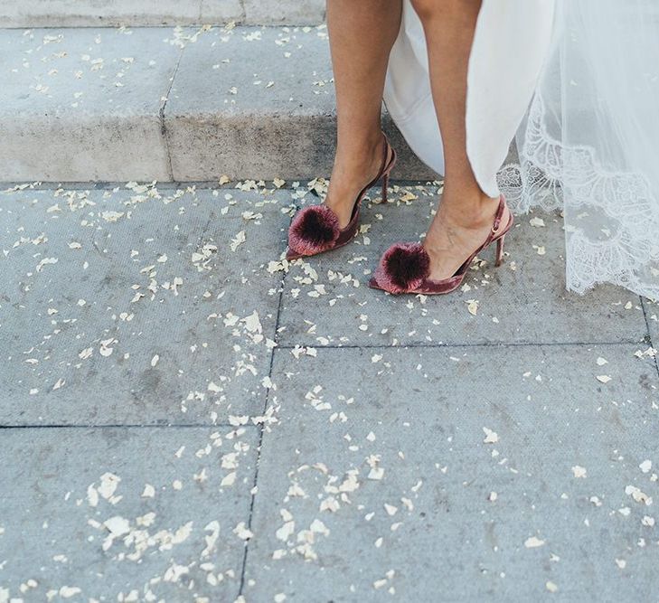 Bride velvet, sling back Pom Pom wedding shoes