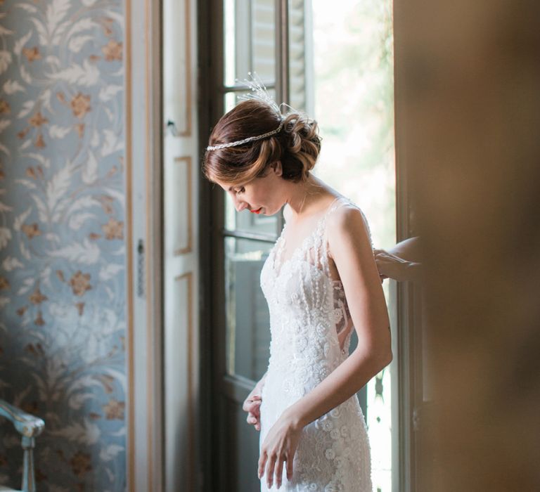 Beautiful Bride in Lace Atelier Eme Wedding Dress and Art Deco Headpiece