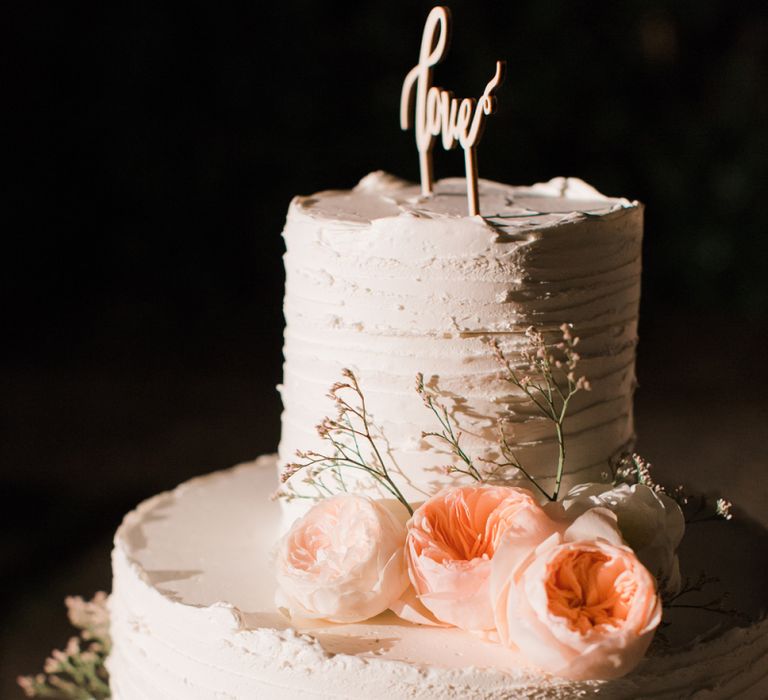 Two Tier Frosting Wedding Cake with Peach David Austin Roses Wedding Decor