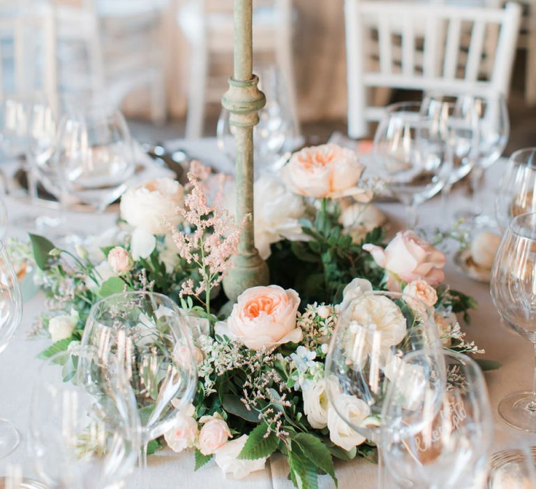 Peach, White and Foliage Low Floral Arrangement