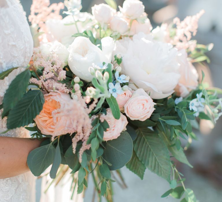 Romantic White Rose, Peach David Austin Roses and Foliage Wedding Bouquet