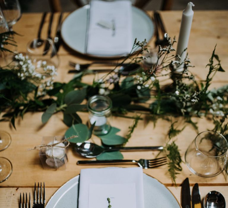 Rustic Place Setting with Charger Plater, Menu Card, and Foliage Stem