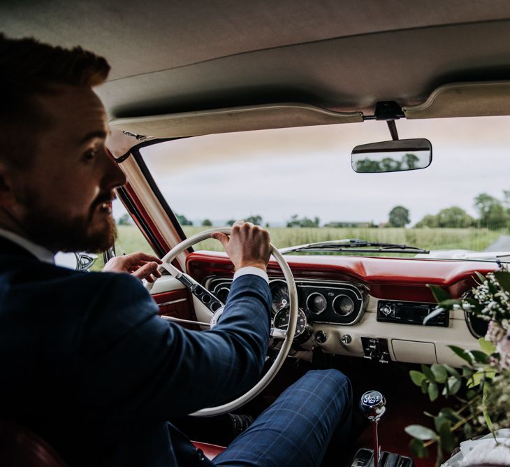 Groom Driving Ford Mustang Wedding Car