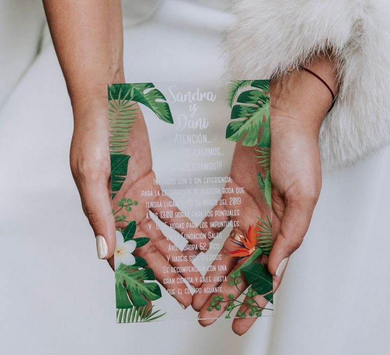 Bride Holding Acrylic Wedding Invitation with Botanical Design