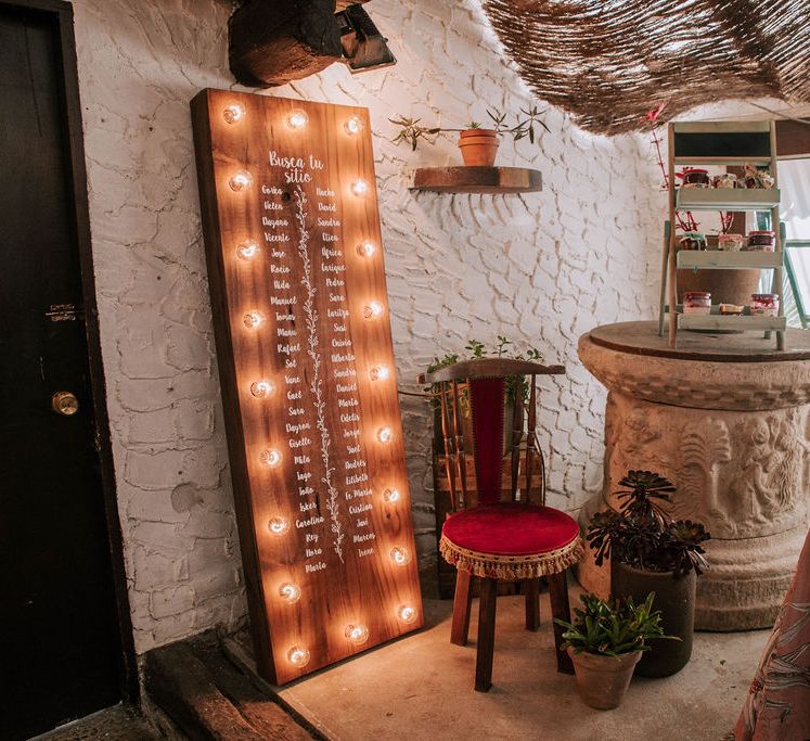 Wooden Seating Chart with Marquee Lights