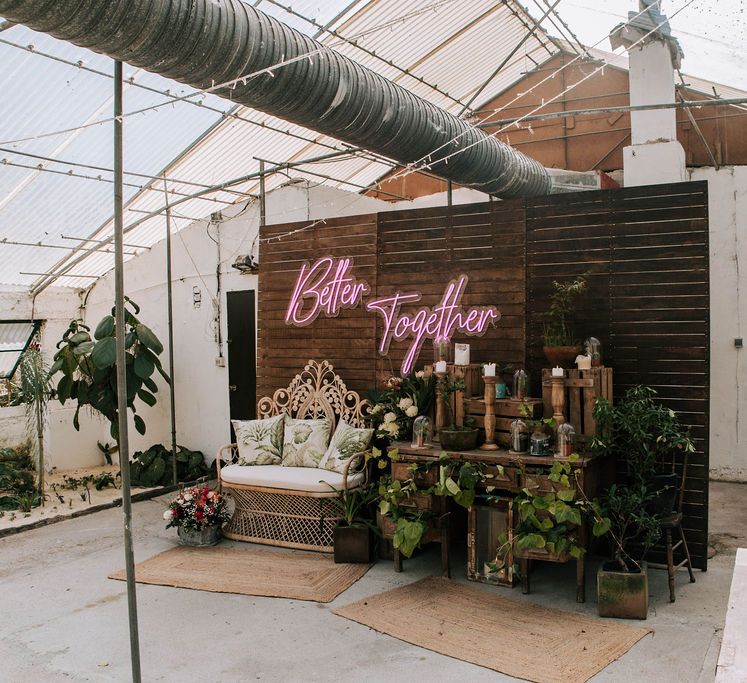 Chill-out Area with Wicker Chair, Wooden Candlesticks and Better Together Neon Sign