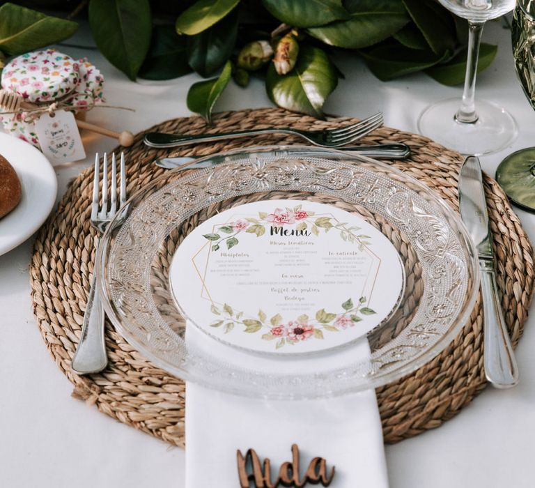 Place Setting with Wicker Place Mat, Glass Platter and  Floral Menu Card