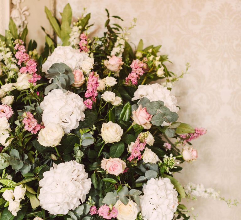 Romantic Pink and white Floral Arrangement with Hydrangeas and Roses