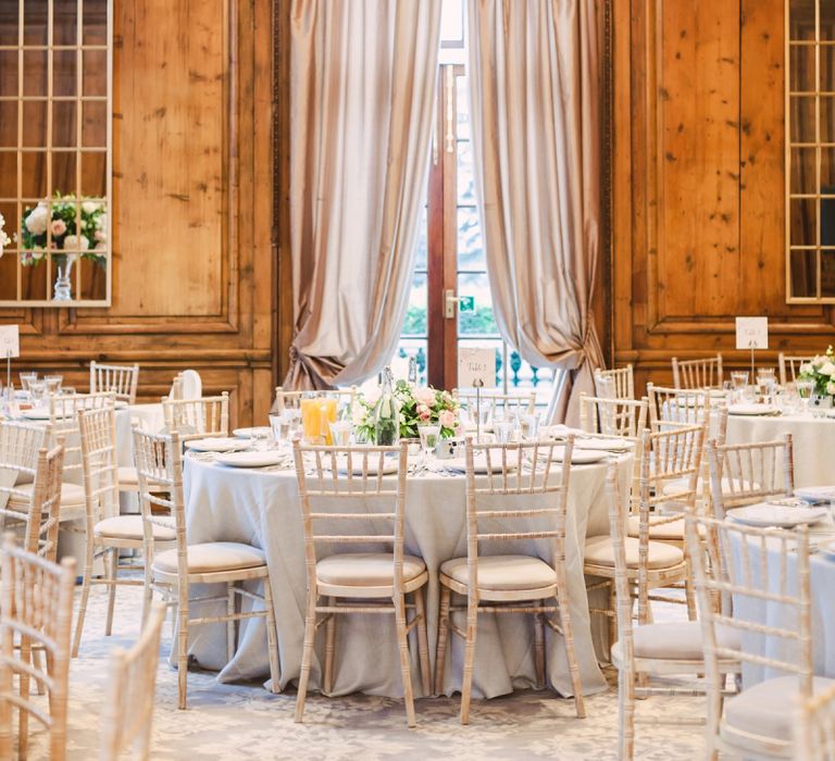 Header House, Buckinghamshire Wedding Reception with Chandelier and Low Floral Centrepieces