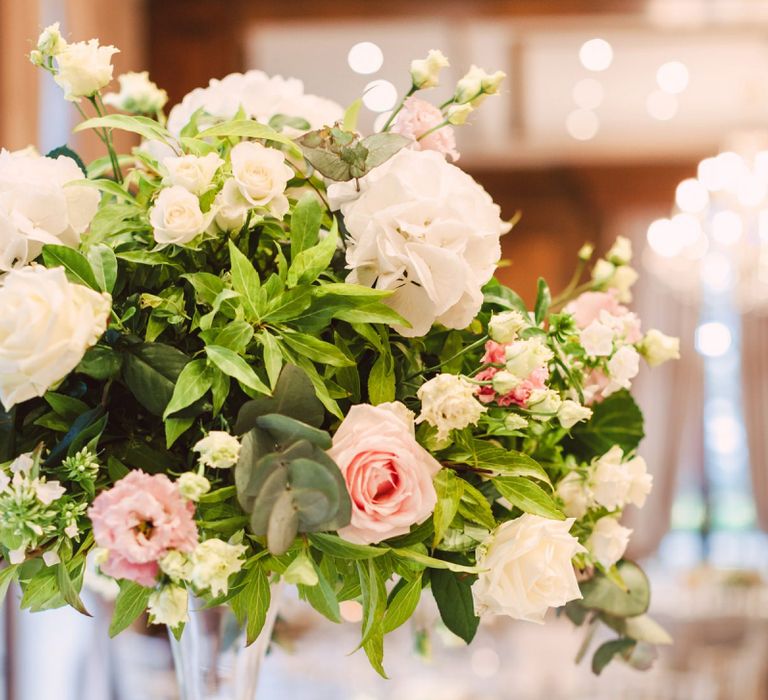 Tall Wedding Reception Centrepiece with Pink and White Flowers and Foliage